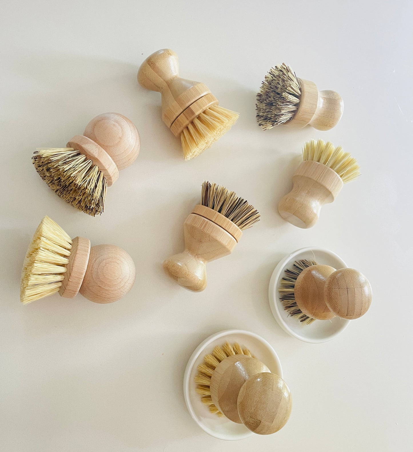 Adorable Natural Material Pot & Bowl Brushes – Bamboo or Beechwood Handles with Sisal or Palm Fiber Bristles – Fun Kitchen Tools