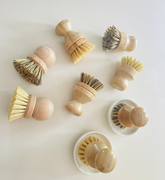 Adorable Natural Material Pot & Bowl Brushes – Bamboo or Beechwood Handles with Sisal or Palm Fiber Bristles – Fun Kitchen Tools