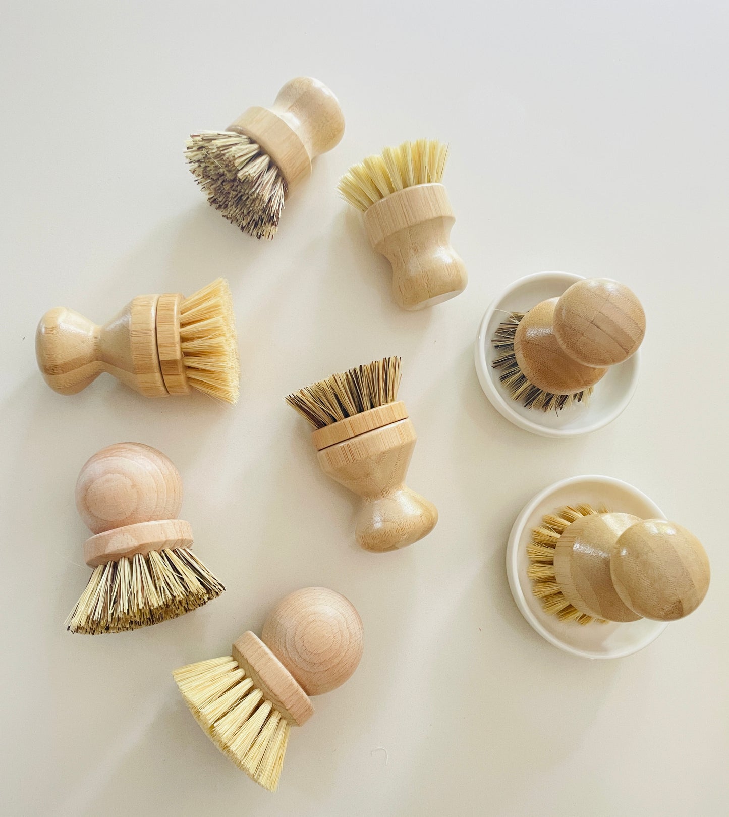 Adorable Natural Material Pot & Bowl Brushes – Bamboo or Beechwood Handles with Sisal or Palm Fiber Bristles – Fun Kitchen Tools