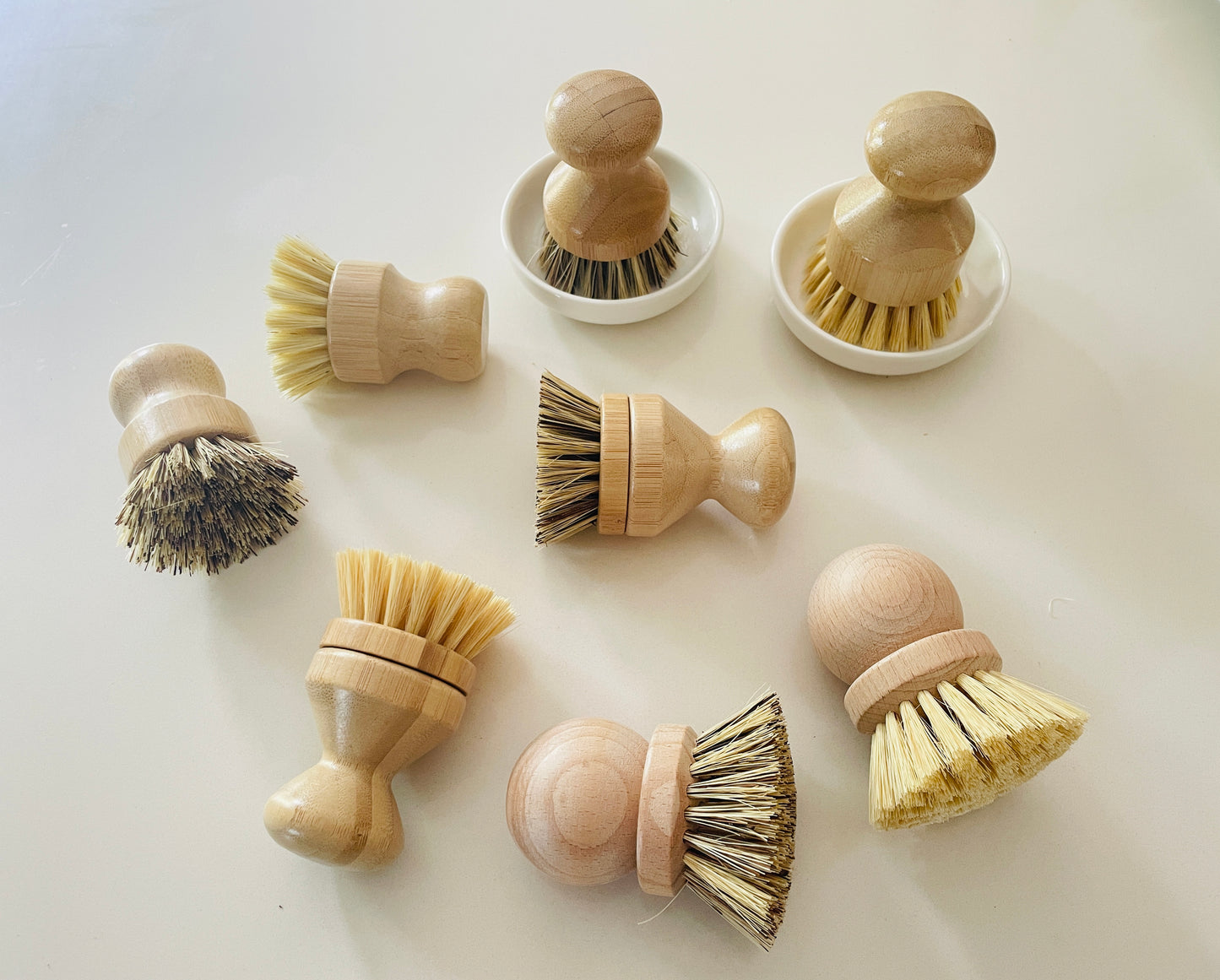 Adorable Natural Material Pot & Bowl Brushes – Bamboo or Beechwood Handles with Sisal or Palm Fiber Bristles – Fun Kitchen Tools