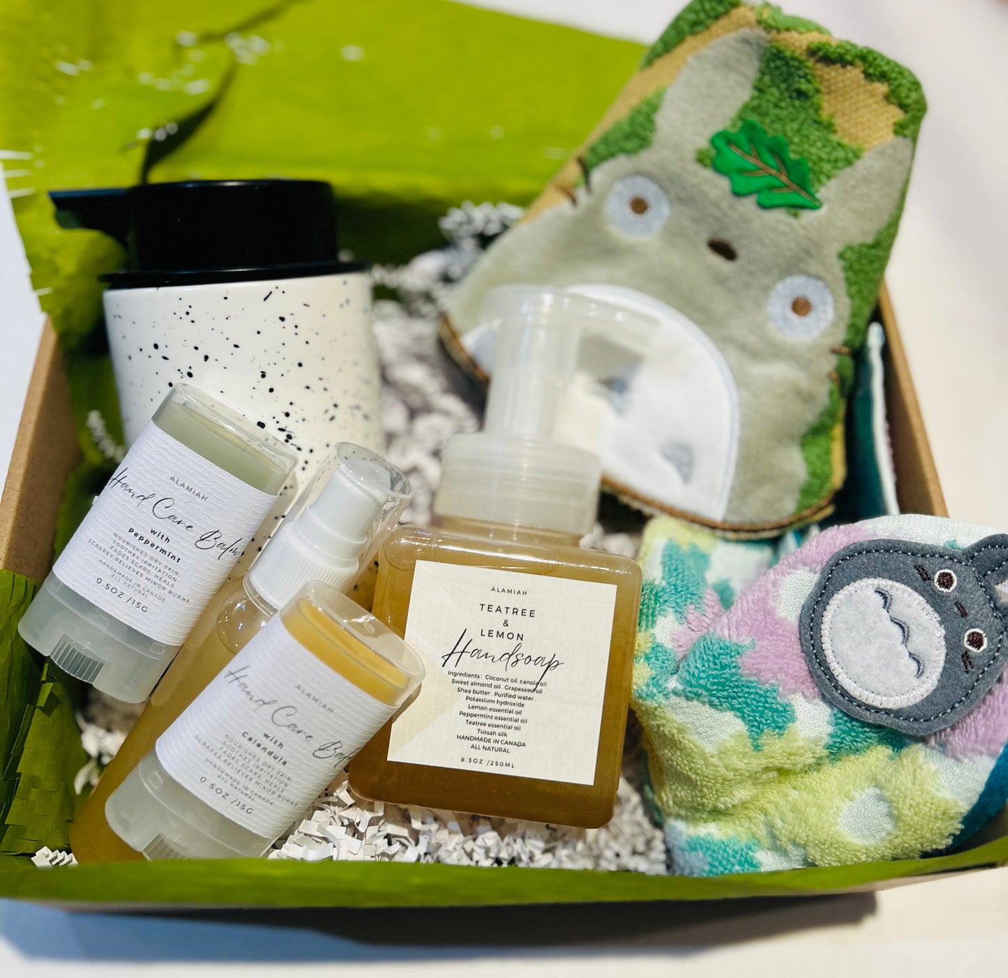 All Natural Handsoap Gift Set for Daily Hand Care – Includes Cute Totoro Hand Towels, Botanical Hand Balm, Handmade Soap, and Aluminum Travel Box – Perfect for Kids and Travel