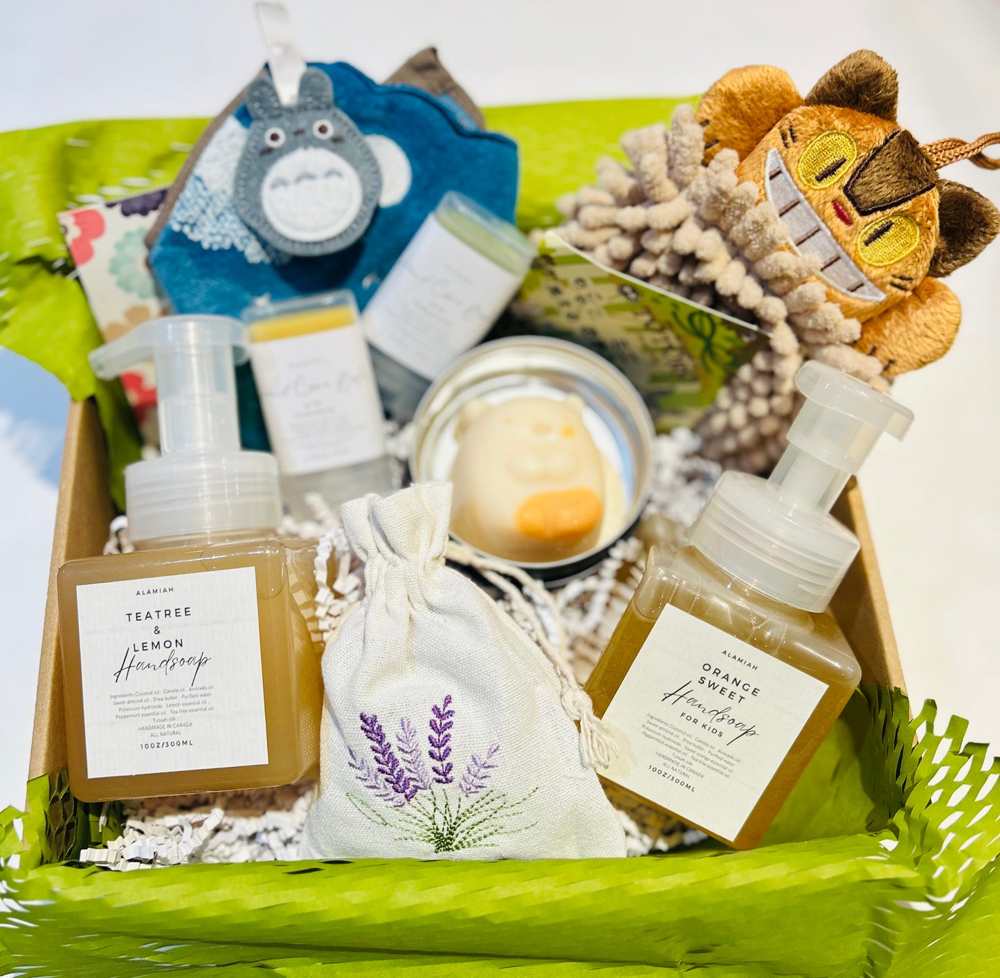 All Natural Handsoap Gift Set for Daily Hand Care – Includes Cute Totoro Hand Towels, Botanical Hand Balm, Handmade Soap, and Aluminum Travel Box – Perfect for Kids and Travel