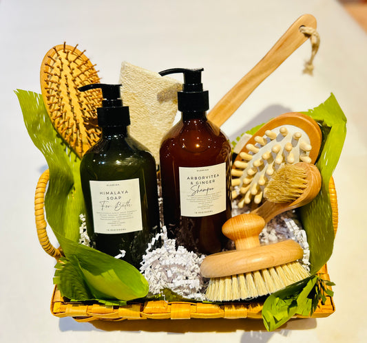 Shampoo & Bath Liquid Soap Gift Set with Wooden Handle Bath Brush, Hemp Shower Gloves & Scalp Massager – Healthy, Refreshing Daily Bath Experience