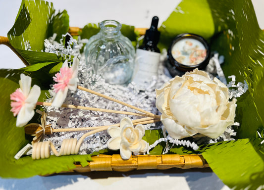 Aroma Gift Set with Reed Flowers, Ceramic Diffuser, Essential Oils for Sleep/Morning Boost/Breathe Easy, Handmade Candle, and Glass diffuser bottle – Natural Relaxation and Wellness