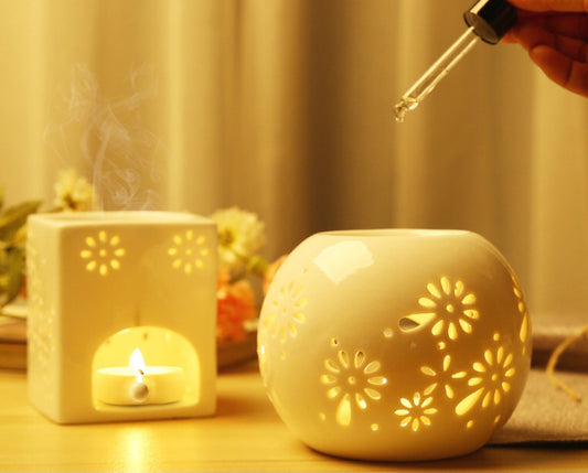 White Ceramic Essential Oil Burner | Hollow Carved Light Design | Home, Office, Yoga, Meditation Diffuser